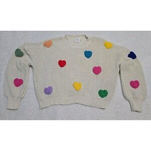 Luna Ivy Womens M Ivory Open Knit Sweater 3D Crochet Hearts Cropped Pullover
